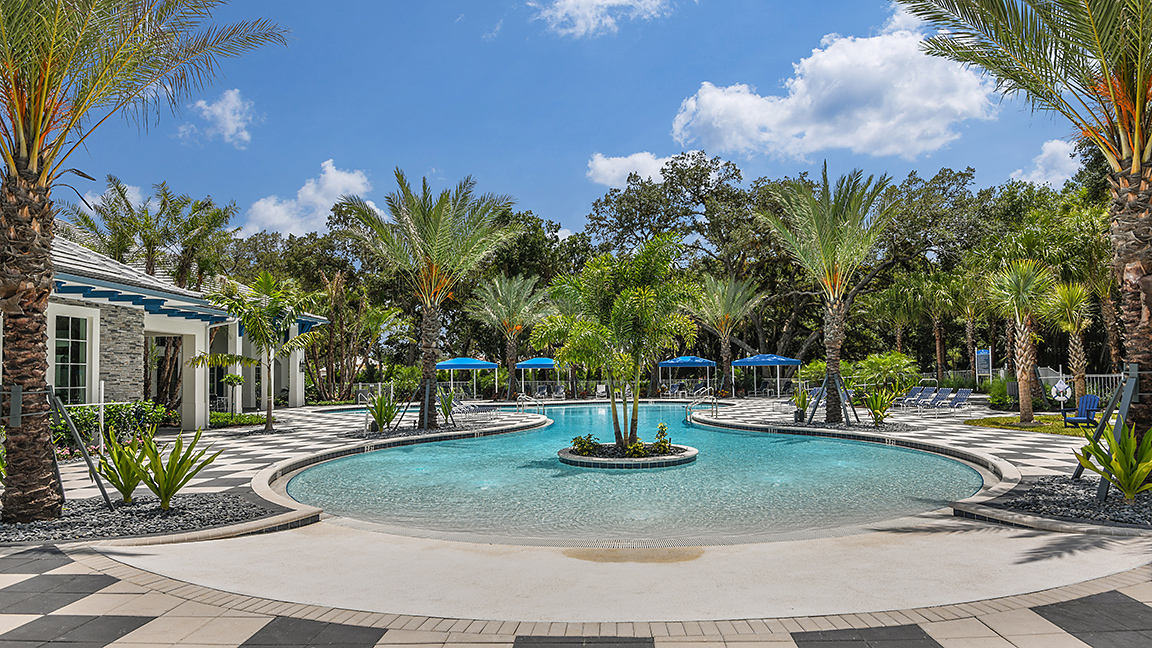 Social club terrace with resort-style seating, palm grove, and pool overlook at dusk