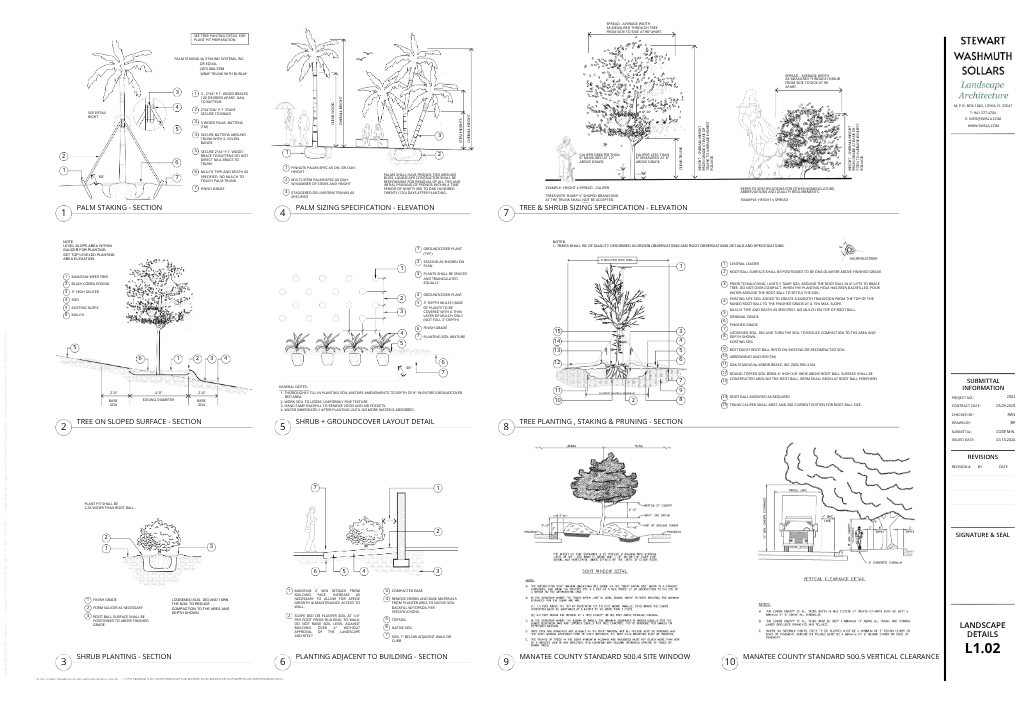 Landscape construction detail sheet showing palm staking, tree planting, shrub layout, and site window sections