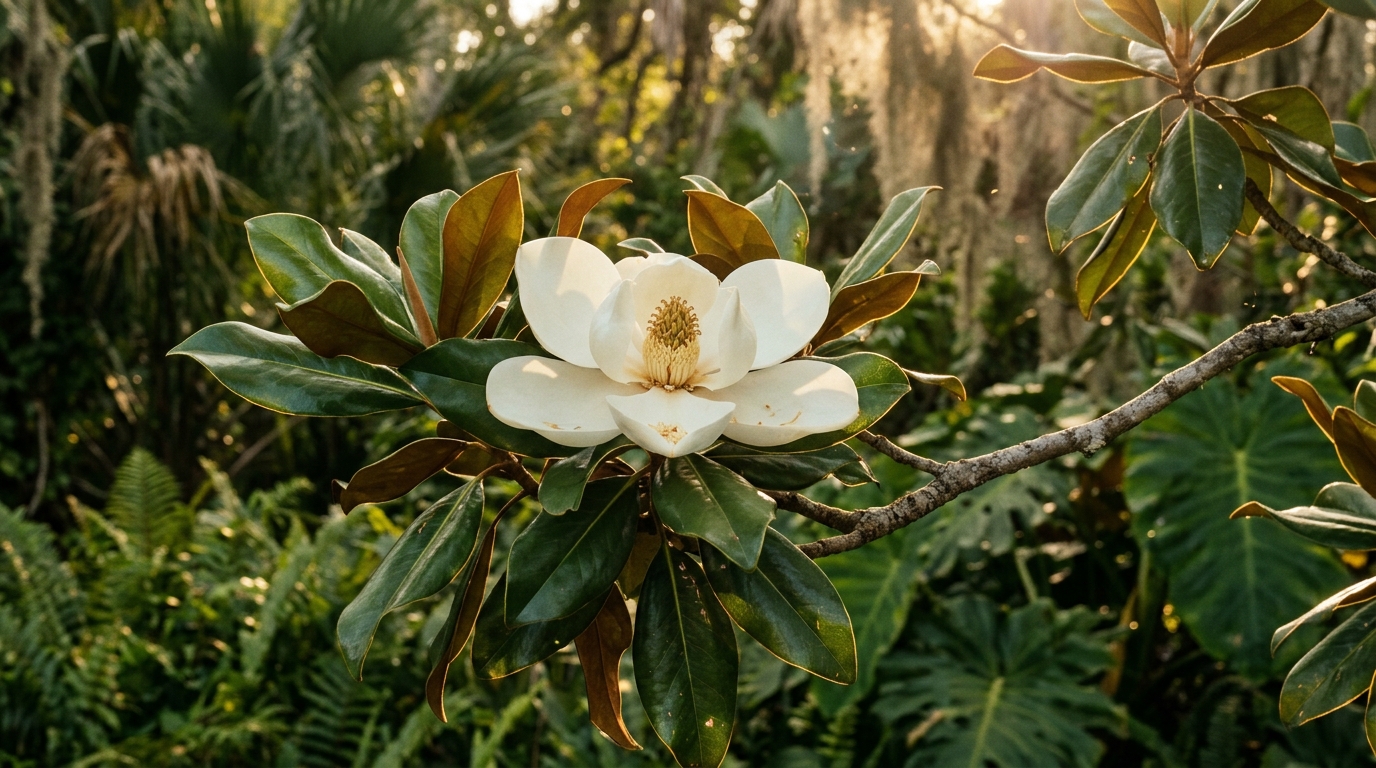 Southern magnolia in bloom, a Florida native plant with a large white flower and glossy bronze-backed leaves in a shaded hammock