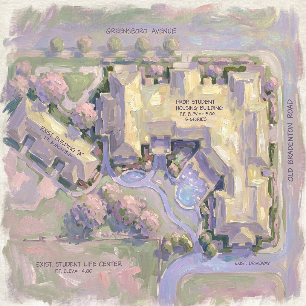 Impressionist Monet-style painting of the Ringling College student housing courtyard and landscape plan