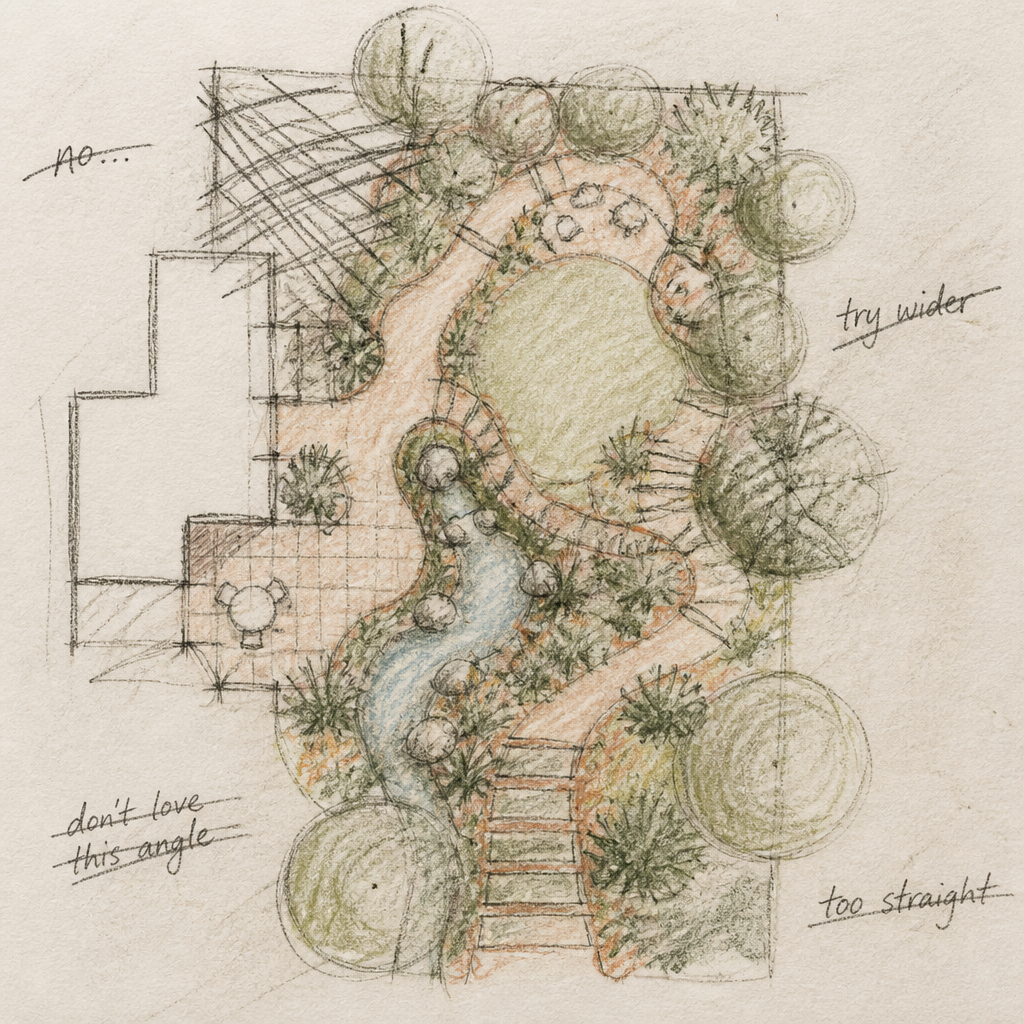 Freehand pastel sketch of a landscape concept plan on white artist paper with loose words and scribbled-out notes