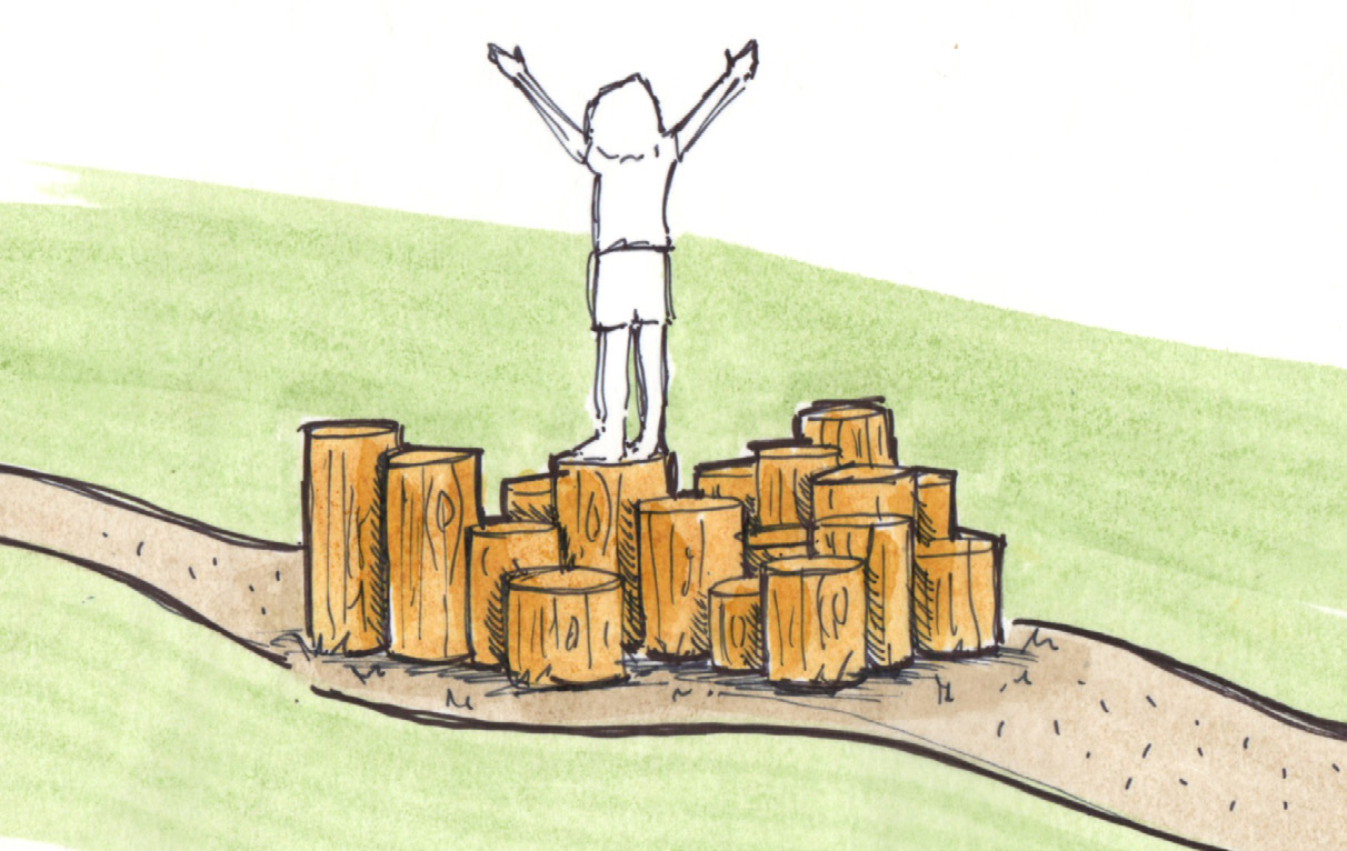Sketch of a child standing arms-up on a log summit
