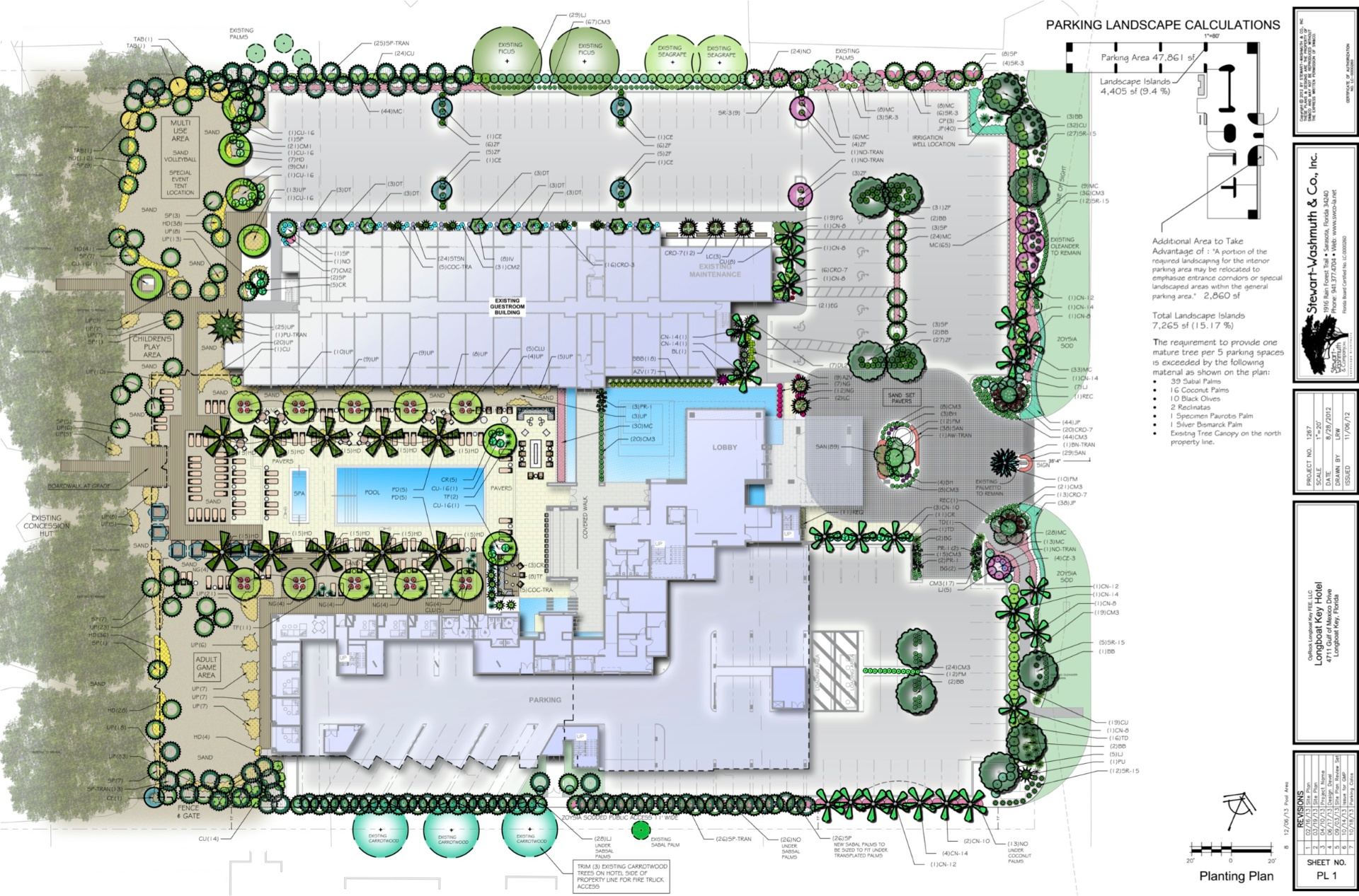 SWSLA planting plan for the Longboat Key Hotel pool deck, amenity areas, and parking landscape