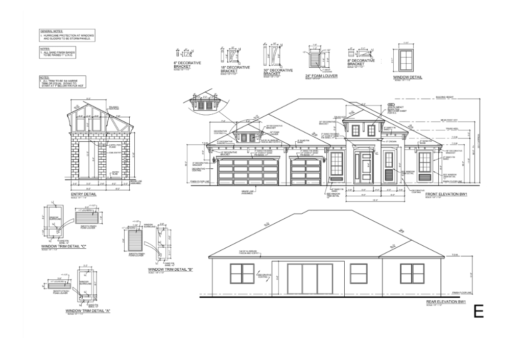 Architectural elevation sheet showing front and rear elevations with window trim and decorative bracket details for a Florida residence