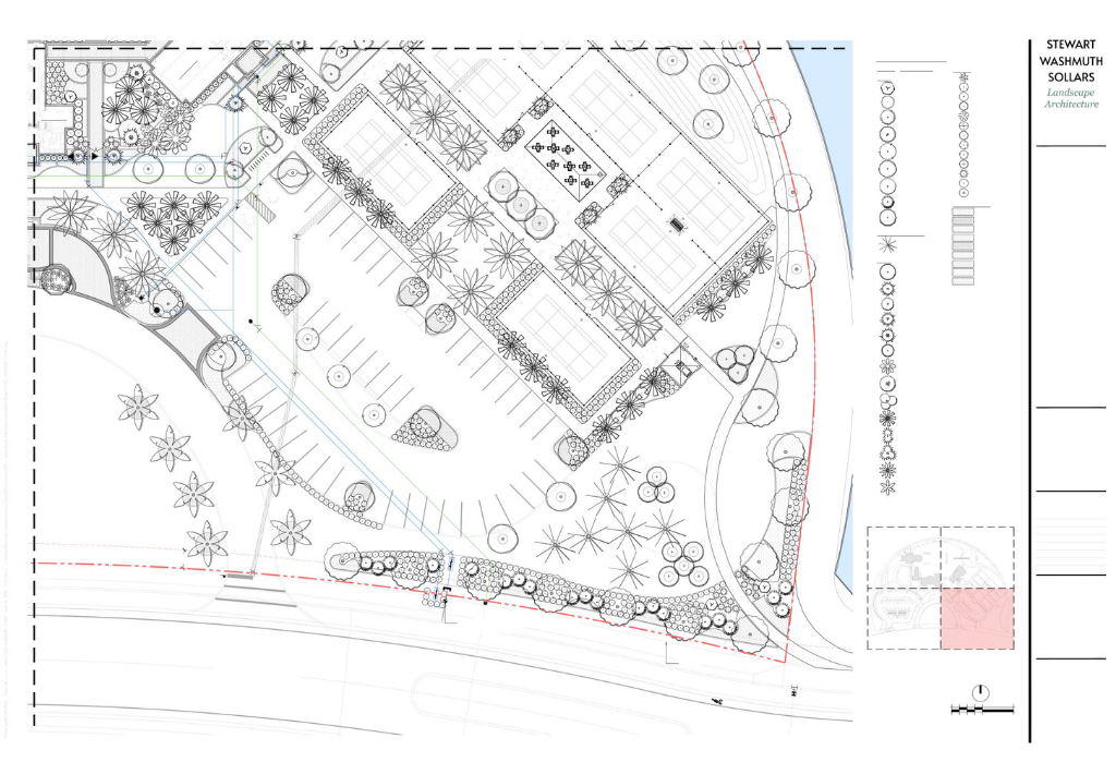 Landscape architecture site plan for a community amenity center showing tennis courts, parking, tree canopy, and planting layout