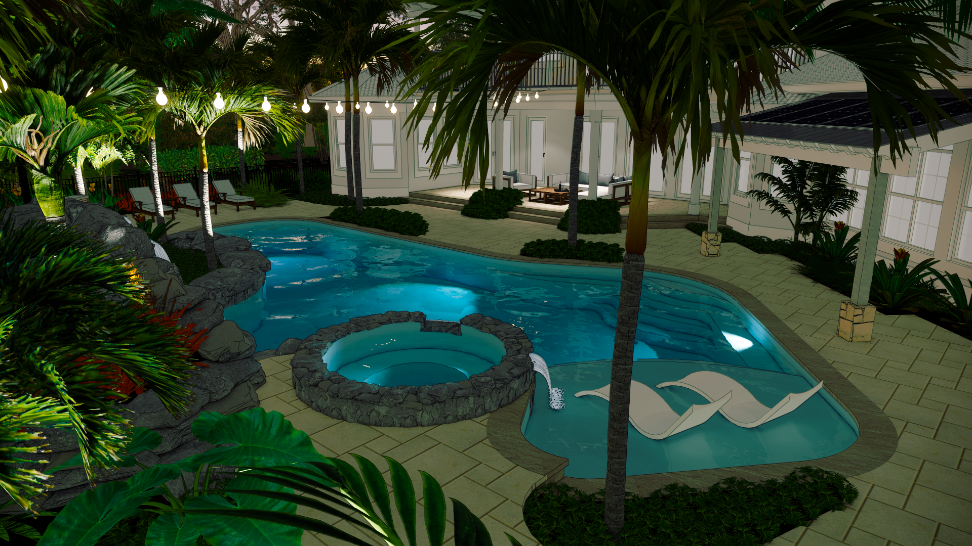 Private residential pool and spa at night with grotto, palms, and string lights