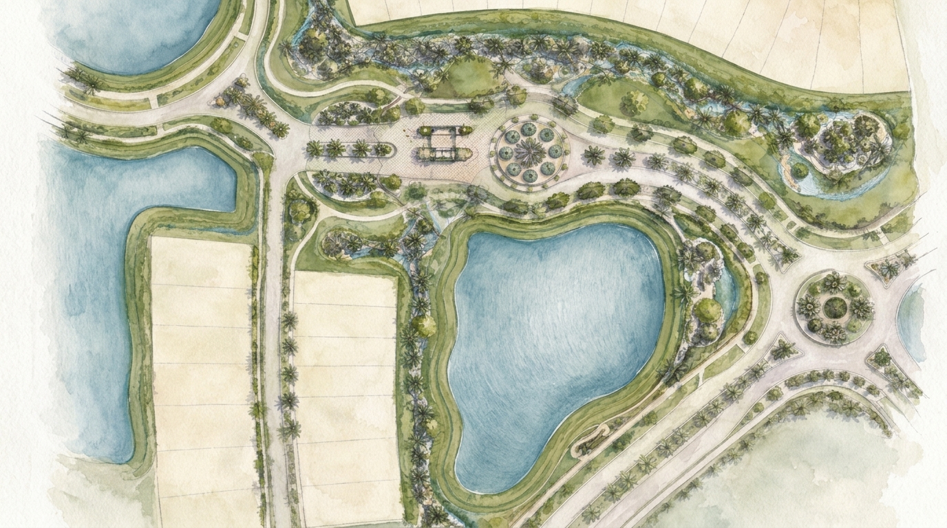 Watercolor master plan drawing by a land planner showing circulation, canopy, and amenity areas for a Florida master-planned community