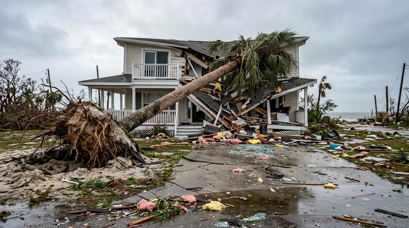 A solo royal palm uprooted from loose sandy ground and fallen onto a coastal Florida home after a hurricane, showing why hurricane-proof landscape design avoids lone specimen trees