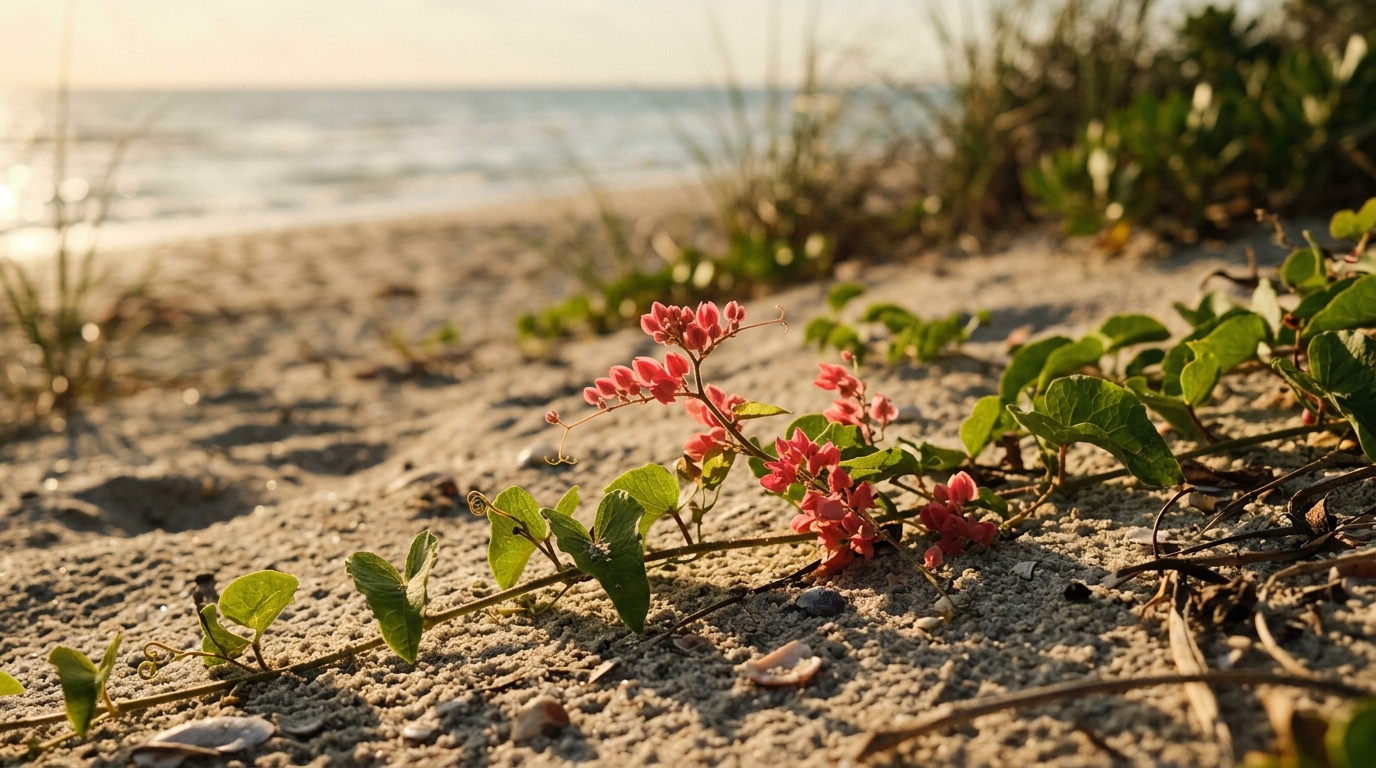 Coral creeper, a salt-tolerant Florida native flower, trailing pink blooms across a sandy beach dune at sunset
