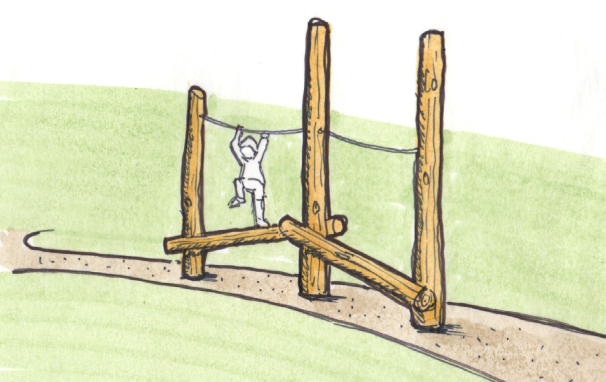 Sketch of a child balancing on a log rope course